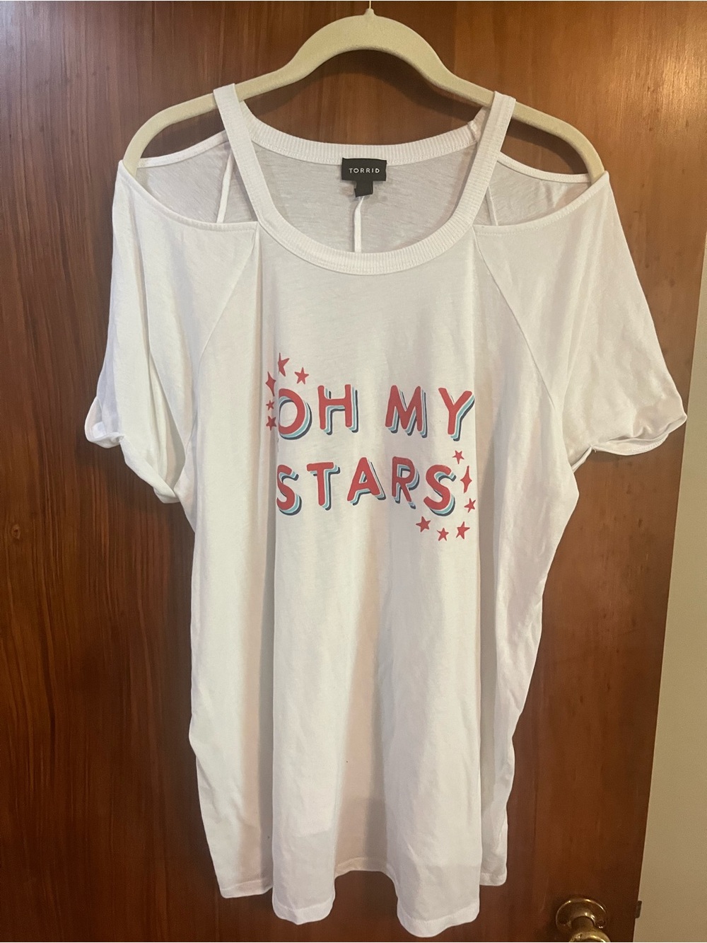 torrid White Cold-Shoulder Tee with Red & Blue 'OH MY STARS' Graphic size 2